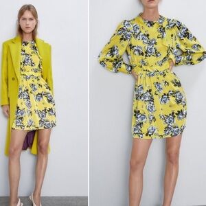 ZARA BUTTER YELLOW FLORAL PRINT FUNNEL NECK SILK EFFECT DRESS $69.90